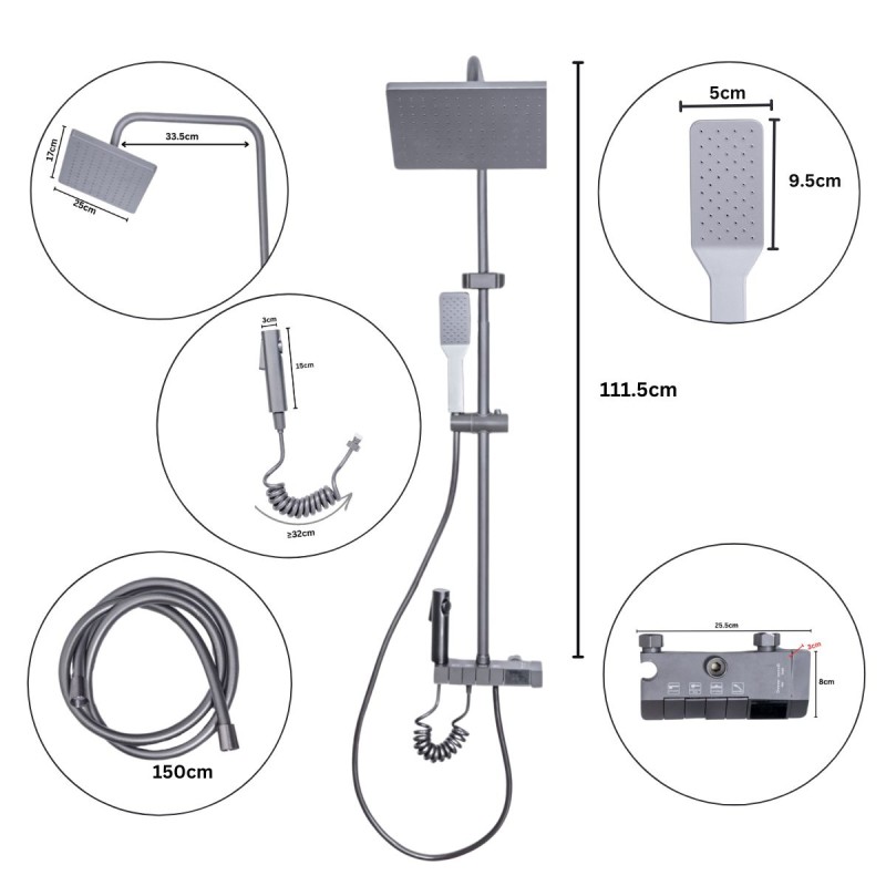 Coloana de dus, cu para fixa si para mobila, Naimeed D6142, 4 functii, otel inoxidabil, Gri