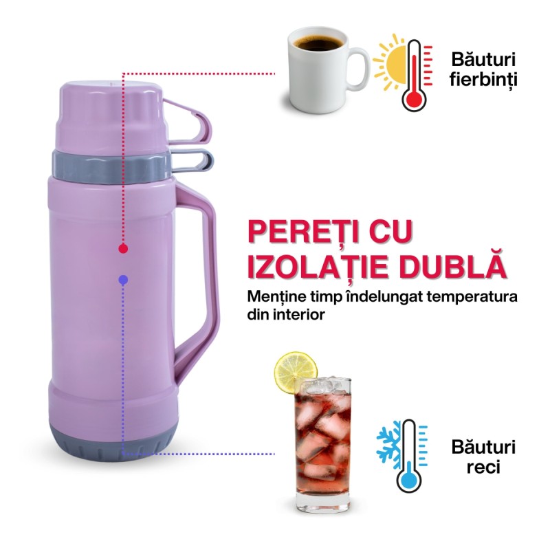 Termos, Naimeed D6417, pentru bauturi reci sau calde, Sticla si ABS, 1.8L, Mov, 160x345x130mm