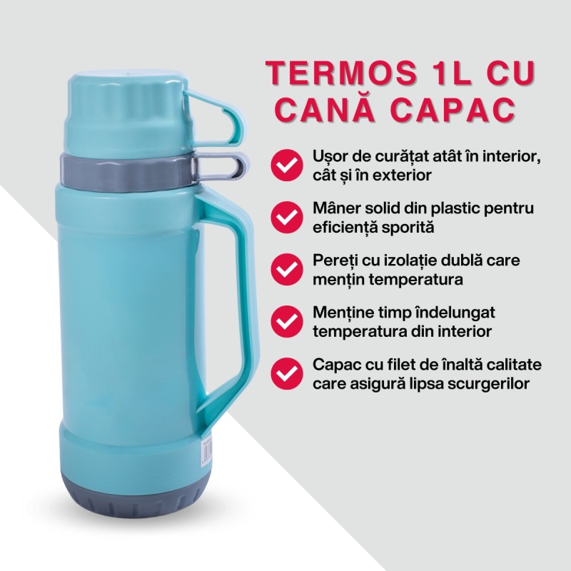 Termos, Naimeed D6417, pentru bauturi reci sau calde, Sticla si ABS, 1.8L, Turcoaz, 160x345x130mm