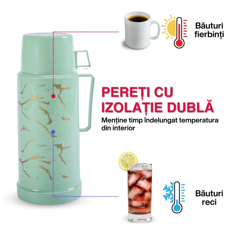 Termos, Naimeed D6416, pentru bauturi reci sau calde, Sticla si ABS, 1.8L, Verde, 160x320x135mm