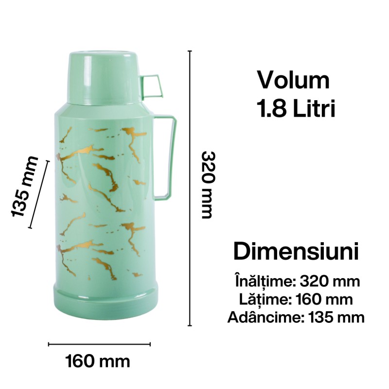 Termos, Naimeed D6416, pentru bauturi reci sau calde, Sticla si ABS, 1.8L, Verde, 160x320x135mm