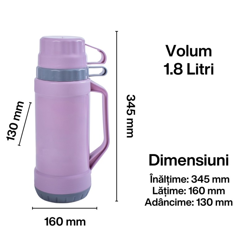 Termos, Naimeed D6417, pentru bauturi reci sau calde, Sticla si ABS, 1.8L, Mov, 160x345x130mm