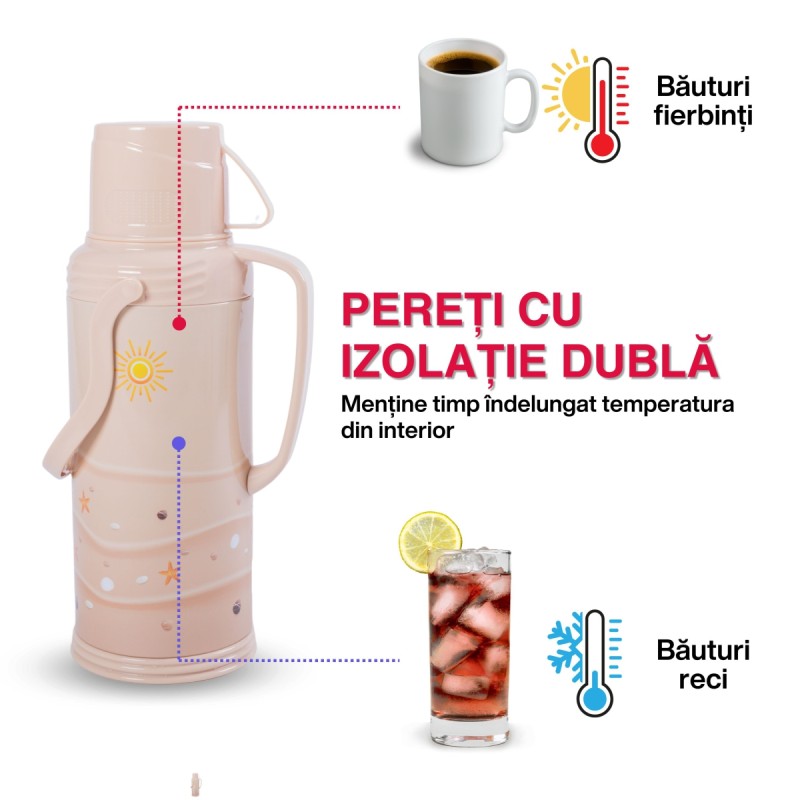 Termos, Naimeed D6420, pentru bauturi reci sau calde, Sticla si ABS, 1.2L, Crem, 120x340x170mm
