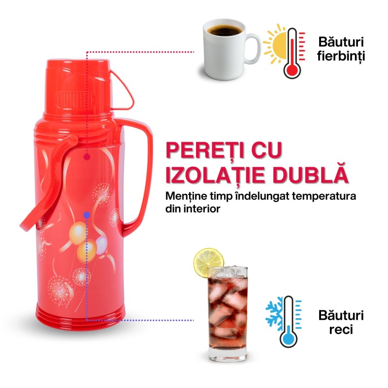 Termos, Naimeed D6420, pentru bauturi reci sau calde, Sticla si ABS, 1.2L, Rosu, 120x340x170mm