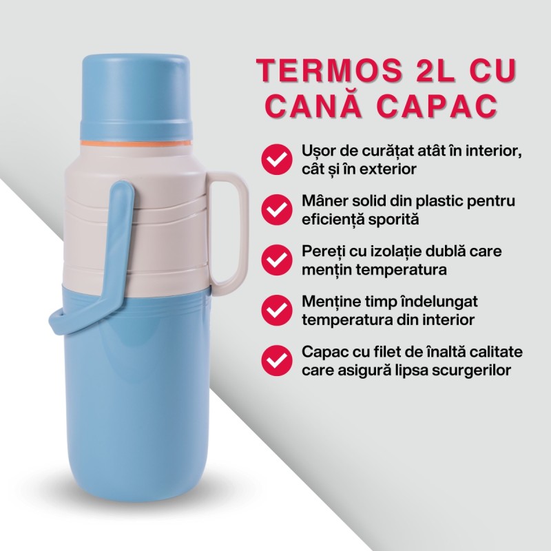 Termos, Naimeed D6421, pentru bauturi reci sau calde, Sticla si ABS, 2L, Albastru, 114x400x200mm