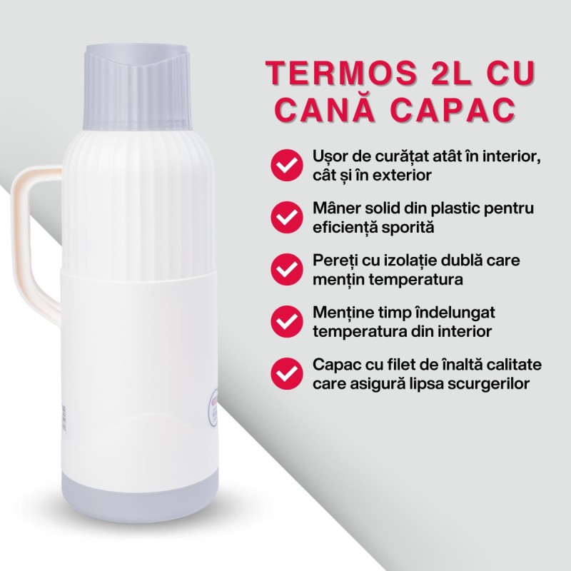 Termos, Naimeed D6422, pentru bauturi reci sau calde, Sticla si ABS, 2L, Alb, 137x390x160mm
