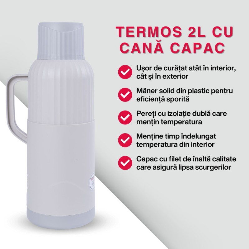 Termos, Naimeed D6422, pentru bauturi reci sau calde, Sticla si ABS, 2L, Gri, 137x390x160mm
