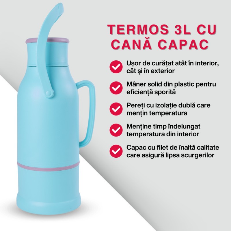 Termos, Naimeed D6424, pentru bauturi reci sau calde, Sticla si ABS, 3L, Albastru, 165x500x200mm