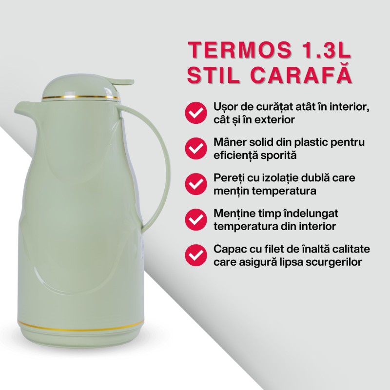 Termos, Naimeed D6430, pentru bauturi reci sau calde, Sticla si ABS, 1.4L, Verde, 145x320x190mm