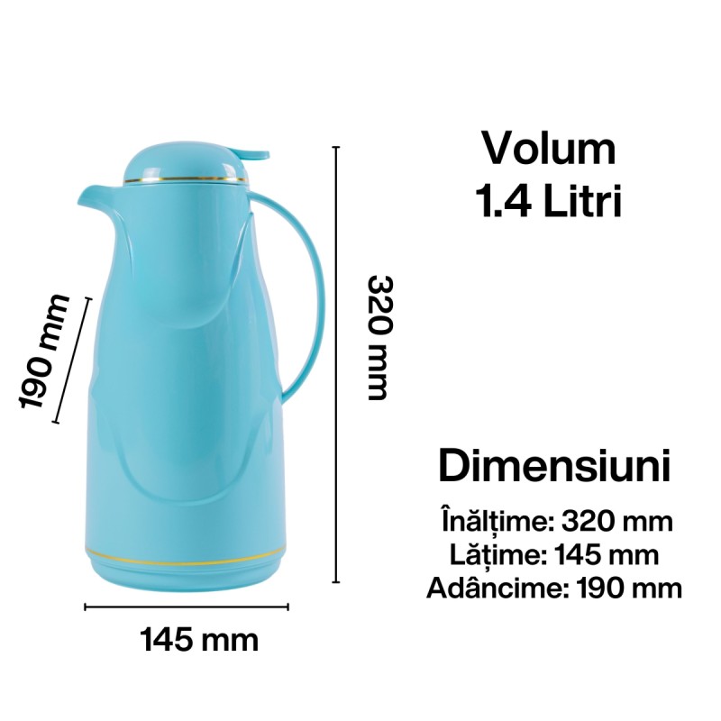 Termos, Naimeed D6430, pentru bauturi reci sau calde, Sticla si ABS, 1.4L, Albastru, 145x320x190mm