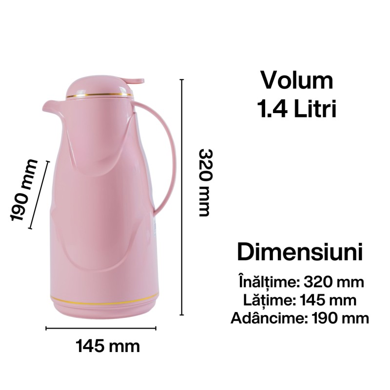 Termos, Naimeed D6430, pentru bauturi reci sau calde, Sticla si ABS, 1.4L, Roz, 145x320x190mm