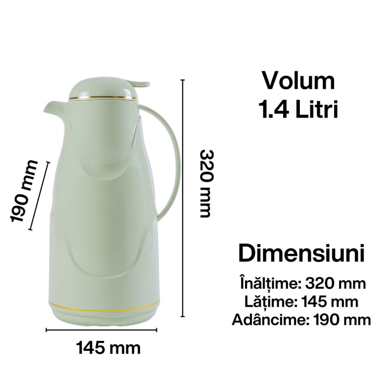 Termos, Naimeed D6430, pentru bauturi reci sau calde, Sticla si ABS, 1.4L, Verde, 145x320x190mm