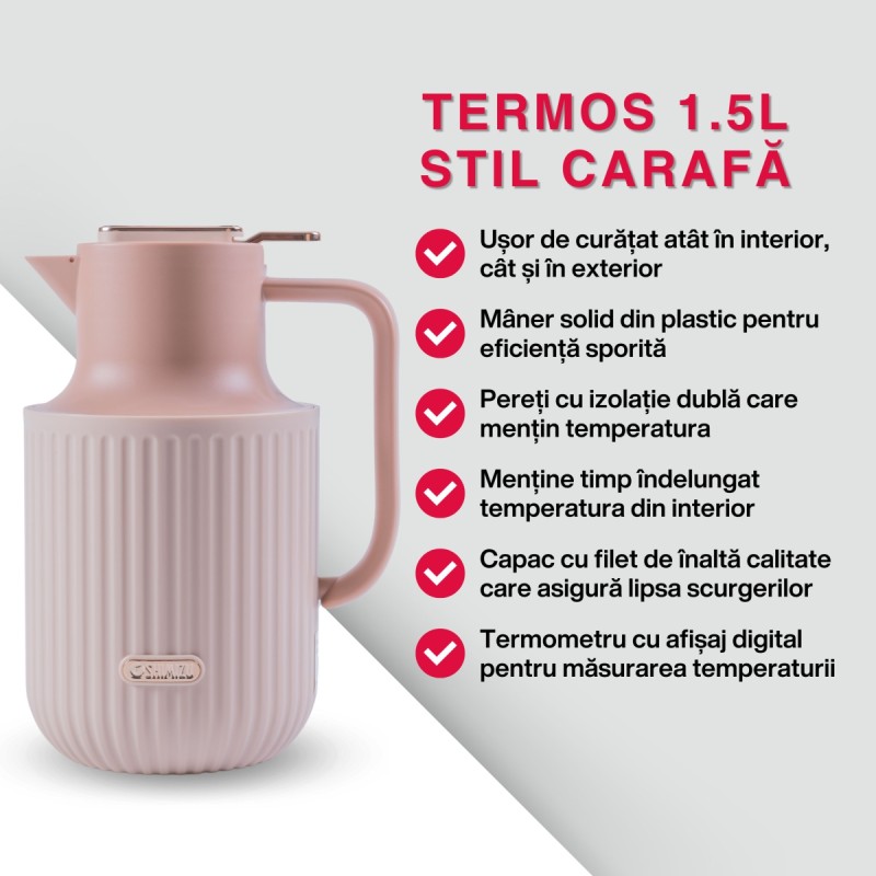 Termos, Naimeed D6434, pentru bauturi reci sau calde, Sticla si ABS, 1.5L, Maro, 150x260x200mm