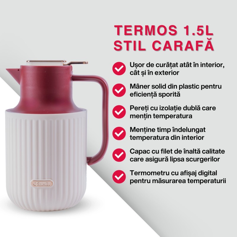 Termos, Naimeed D6435, pentru bauturi reci sau calde, Sticla si ABS, 1.5L, Visiniu, 150x260x200mm Termos, Naimeed D6435, pentru bauturi reci sau calde, Sticla si ABS, 1.5L, Visiniu, 150x260x200mm