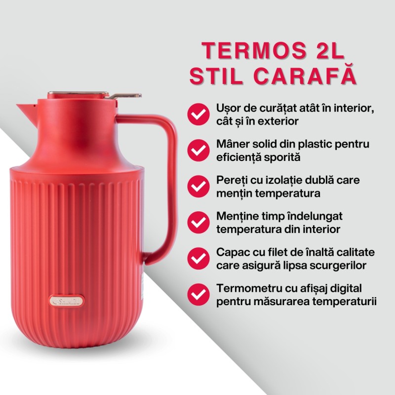 Termos, Naimeed D6436, pentru bauturi reci sau calde, Sticla si ABS, 2L, Rosu, 160x300x210mm