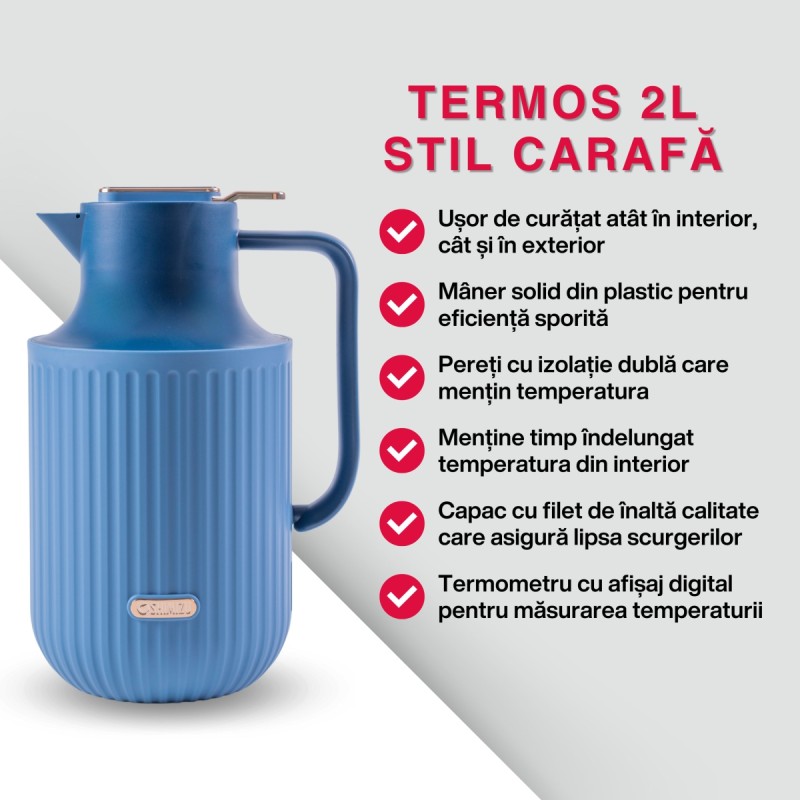Termos, Naimeed D6438, pentru bauturi reci sau calde, Sticla si ABS, 2L, Albastru, 160x300x210mm Termos, Naimeed D6438, pentru bauturi reci sau calde, Sticla si ABS, 2L, Albastru, 160x300x210mm