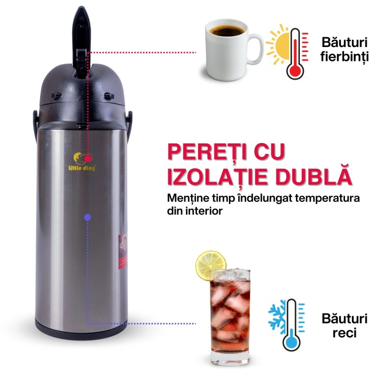 Termos, Naimeed D6441, pentru bauturi reci sau calde, Sticla, Inox, ABS, 1.7L, Gri, 140x360x180mm