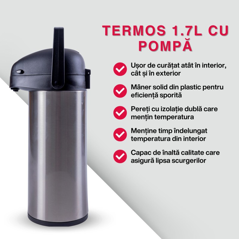 Termos, Naimeed D6441, pentru bauturi reci sau calde, Sticla, Inox, ABS, 1.7L, Gri, 140x360x180mm