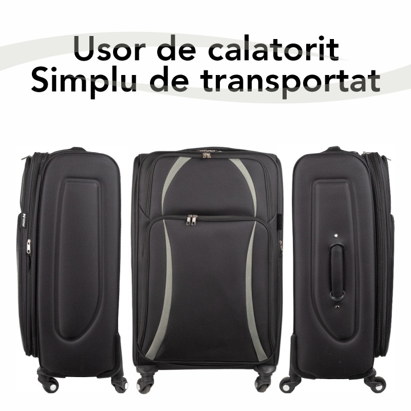 Troler voiaj Mediu, Naimeed D5979, 4 roti, material textil, inchidere cifru, Negru, 40x28x63cm